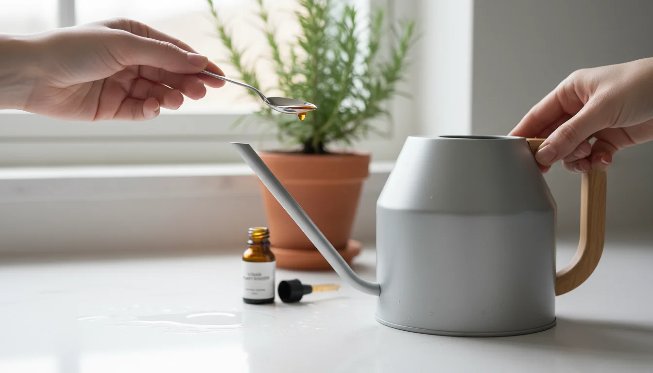 Person's hands pour a small amount of liquid fertilizer from a measuring spoon into a watering can, next to a potted rosemary plant.