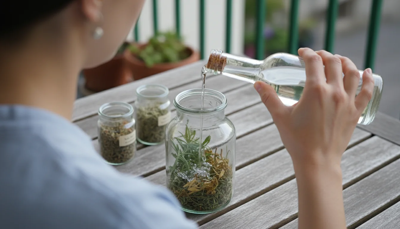 Person's hands pour white vinegar into a glass jar with dried herbs on a worn wooden table.