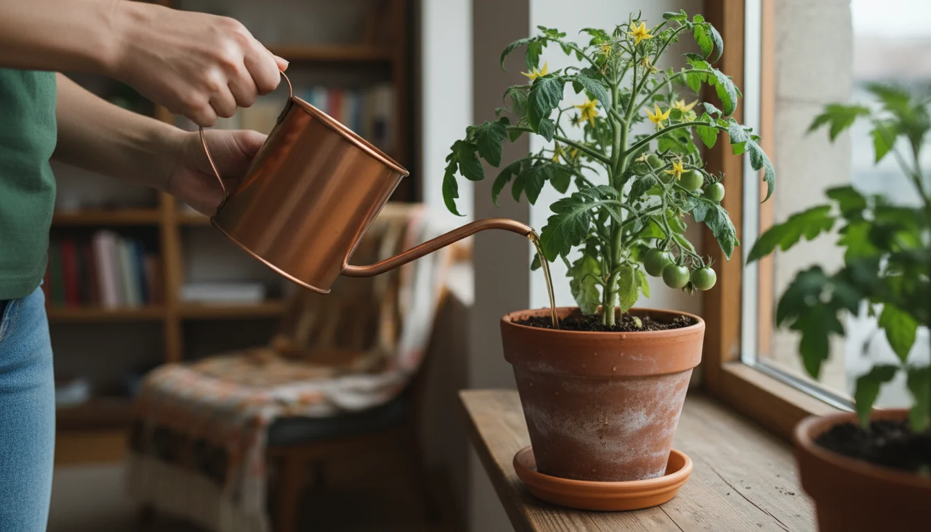 Person's hands pouring diluted liquid fertilizer into a potted indoor tomato plant with small green tomatoes under a grow light.