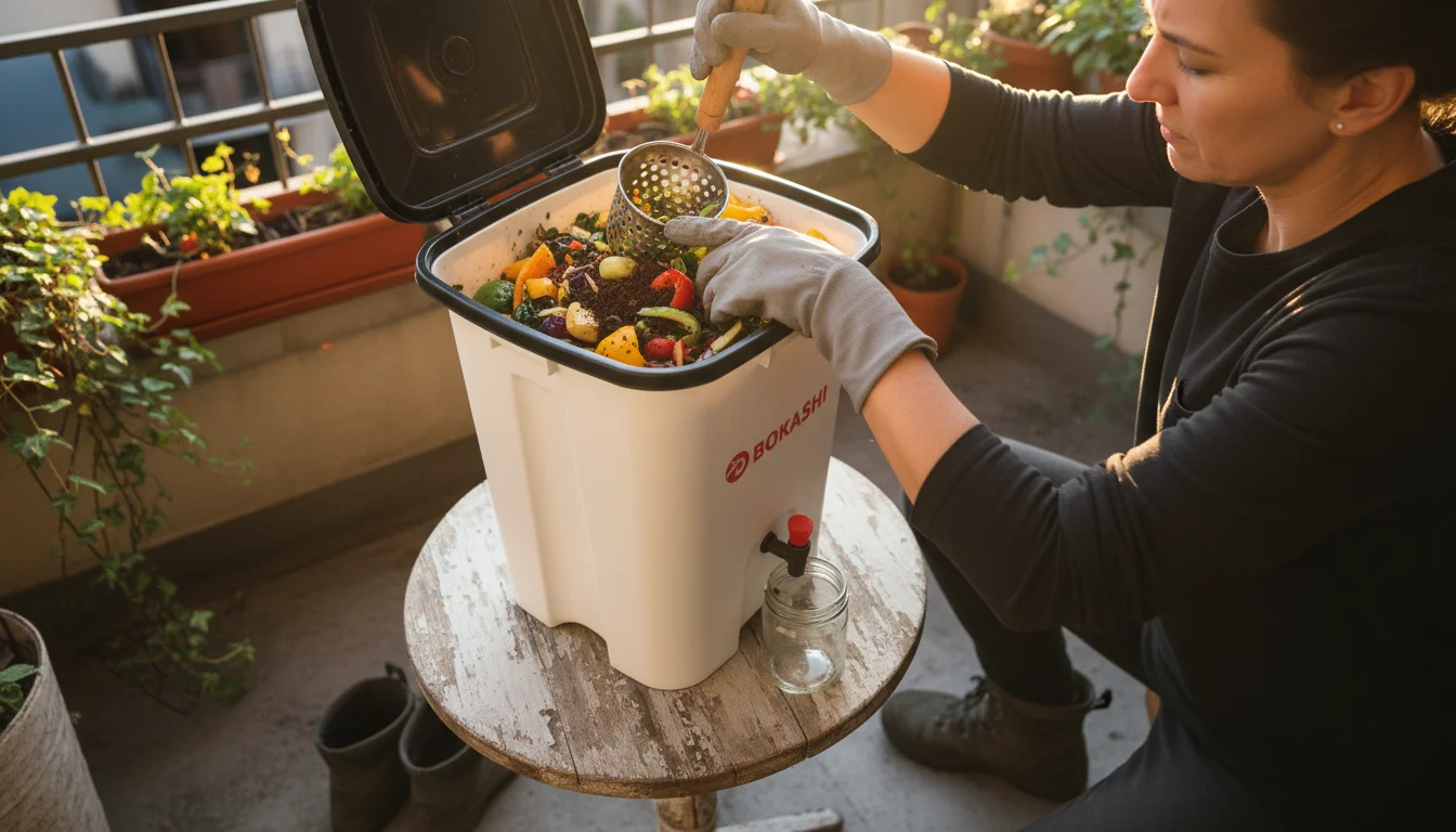 A person's hands press colorful food scraps into a Bokashi bin on a balcony table, with Bokashi tea draining into a jar below.