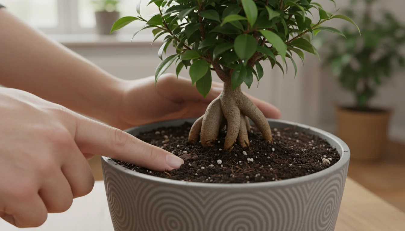 Close-up of a person's hands gently pressing fingers into the soil of an indoor tree in a ceramic pot, checking for moisture.