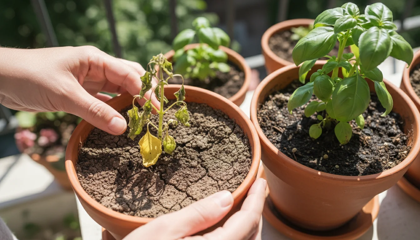 Person's hands gently probe dense soil of a struggling balcony plant, next to a healthy, vibrant one, illustrating potting mix mistakes.