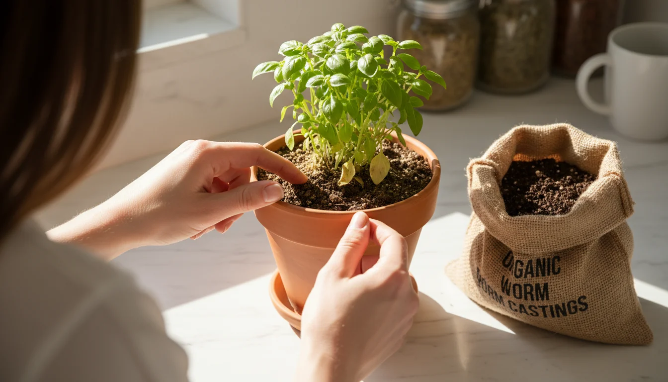 Person's hands gently probe dry soil around a slightly stressed potted herb. An open bag of worm castings and a spoon nearby.
