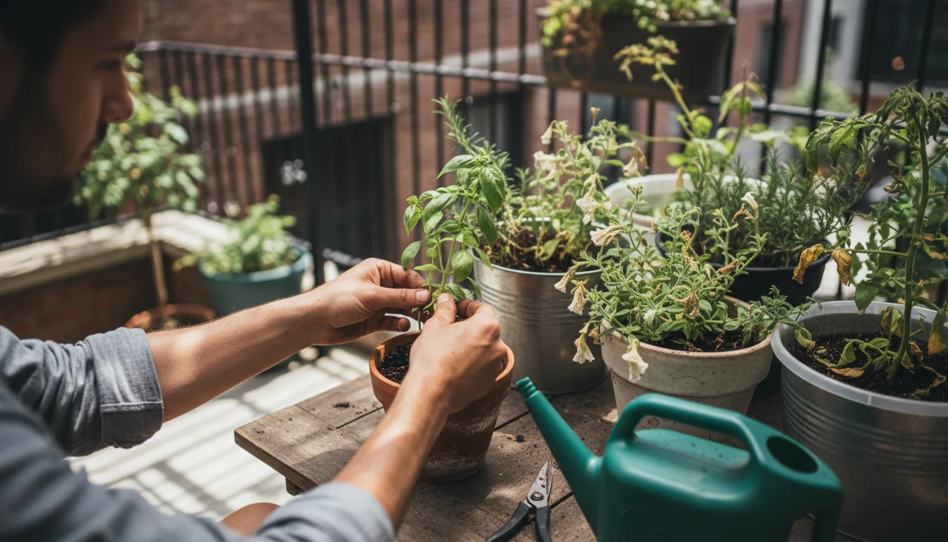Person's hands gently prune yellowed leaves from a heat-stressed container plant on a shaded patio, with other pots in soft focus.