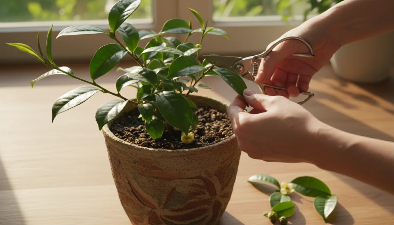 Person's hands gently pruning a potted Camellia sinensis plant with small shears, showing healthy green leaves.