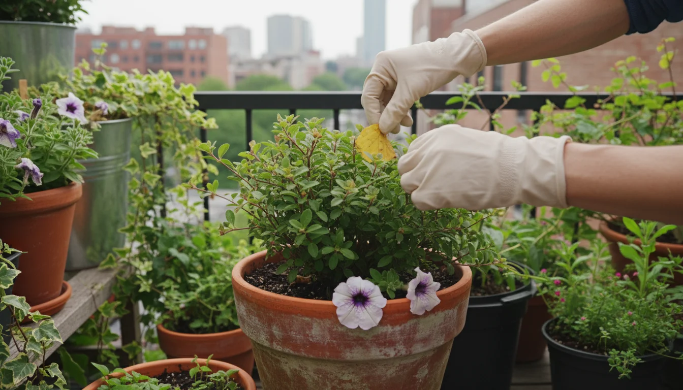 Person's hands pruning a yellowed leaf from a small green plant in a terracotta pot, with wilted annuals nearby on a balcony.