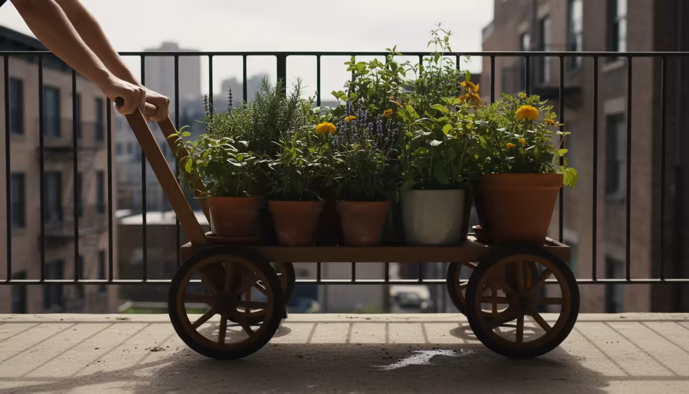 A person's hands gently push a wheeled wooden tea cart filled with potted herbs and flowers from sun into shade on an urban balcony.