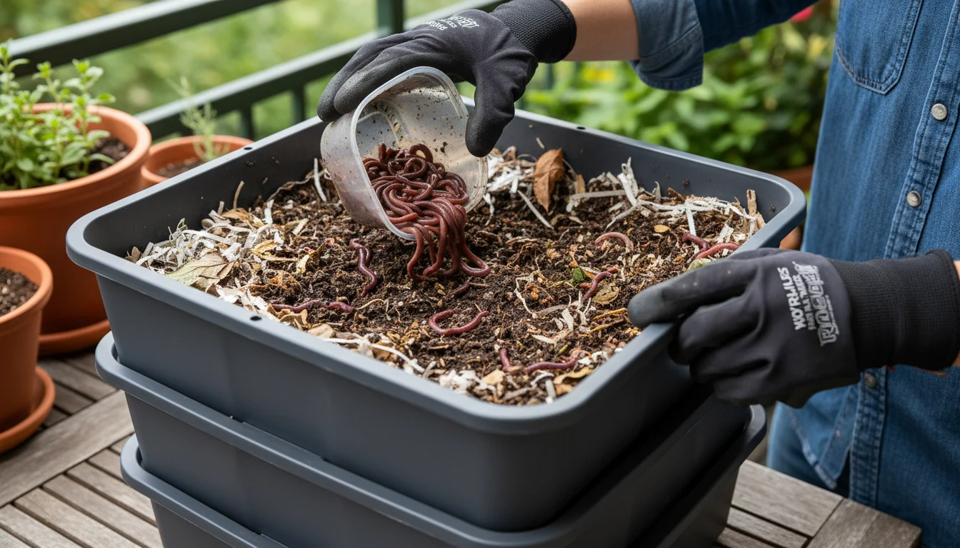 Person's hands gently release lively red wiggler worms onto damp bedding in a modern, multi-tiered apartment worm bin on a kitchen island.