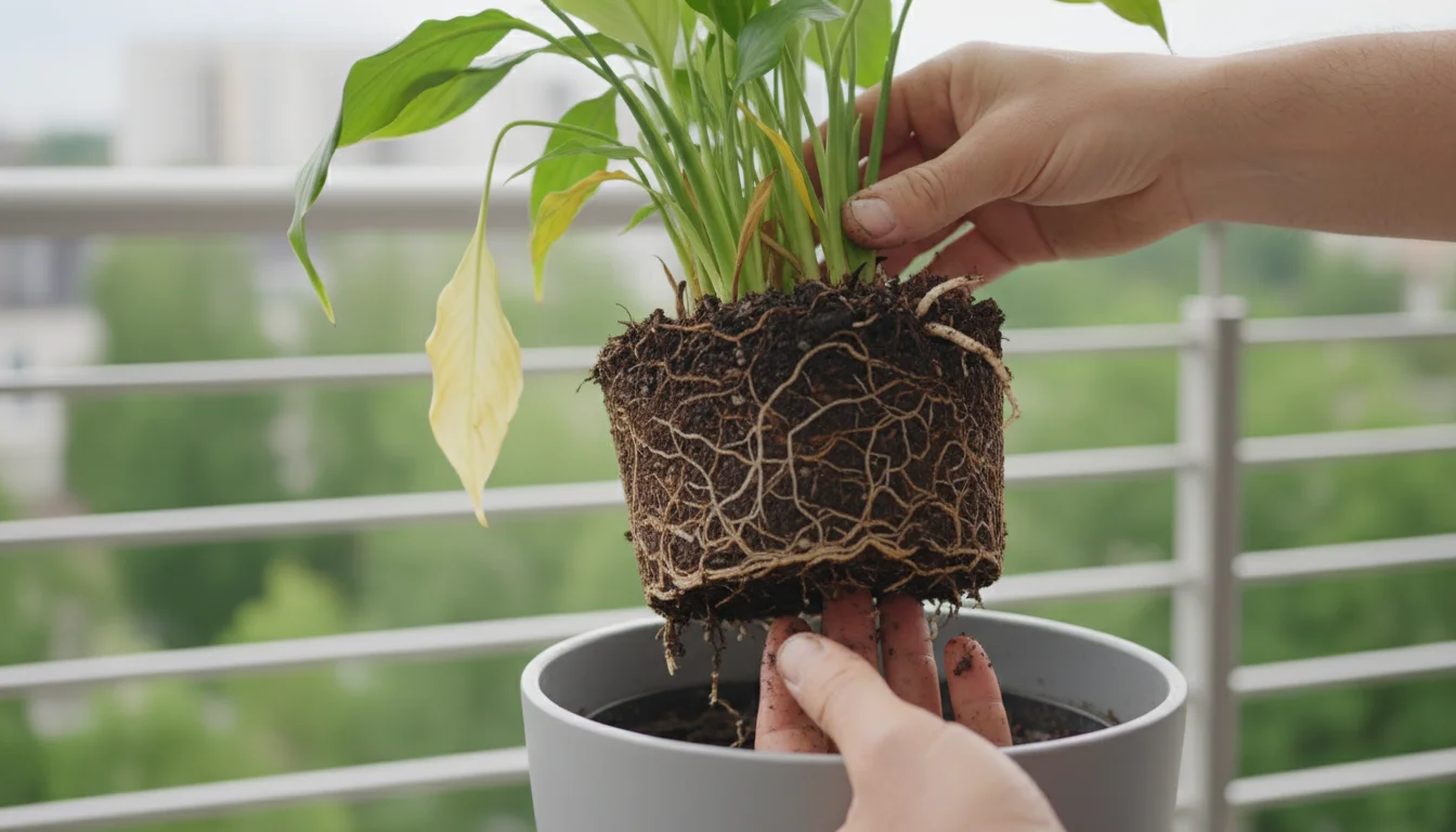 A person's hands gently remove a Peace Lily with yellow leaves from its pot, exposing dark, mushy roots.