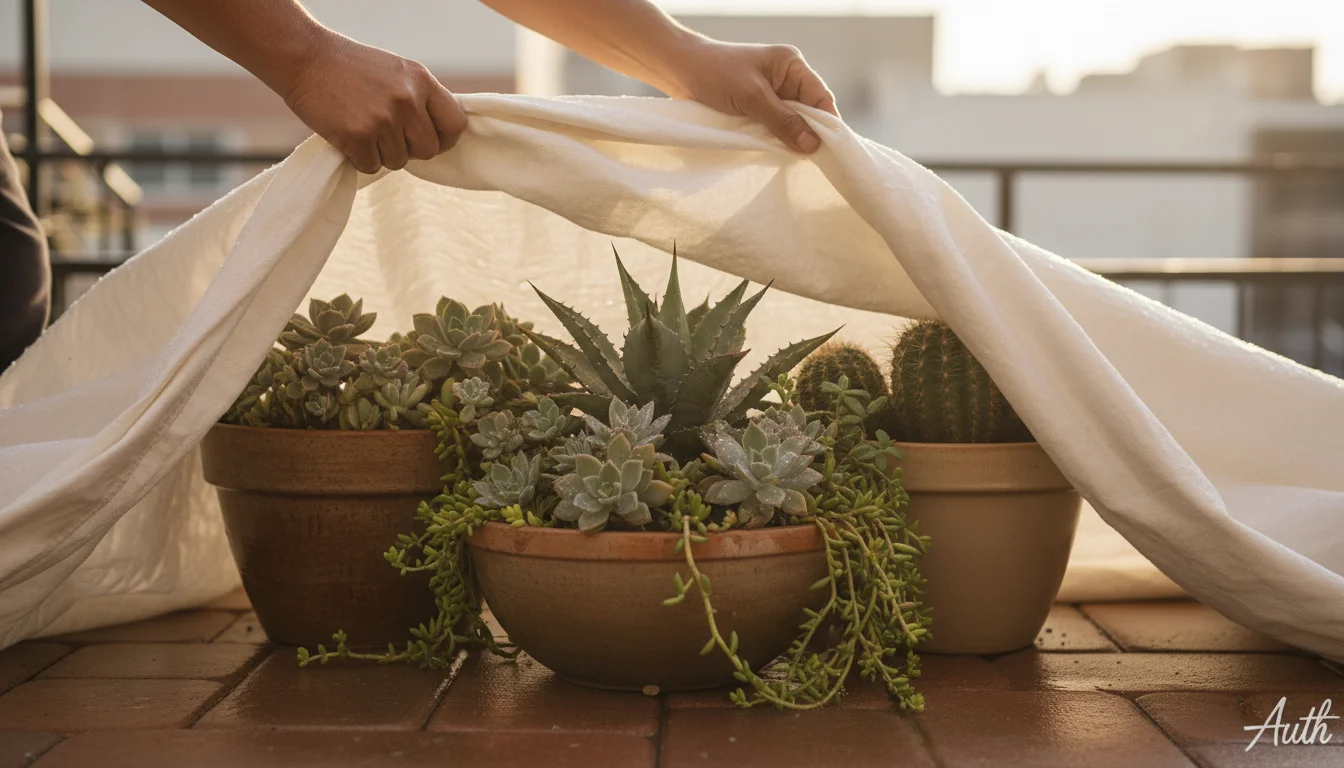 Person's hands gently removing an off-white frost cloth from diverse potted xeriscape succulents and agave on a patio in soft morning light, dew visib