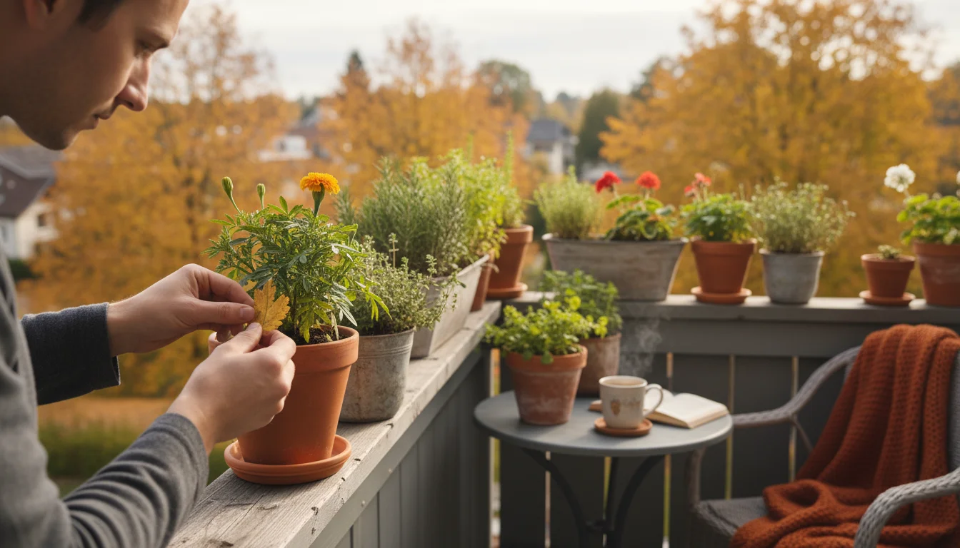 Person's hands gently removing a yellowed leaf from a container marigold on a balcony railing, with other potted plants in soft autumn light.