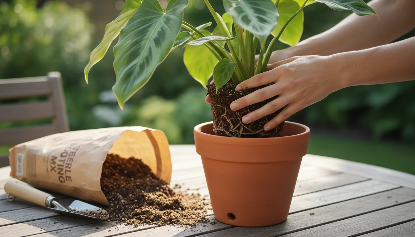 Person's hands carefully repotting a leafy houseplant into a new terracotta pot with fresh soil, roots visible.