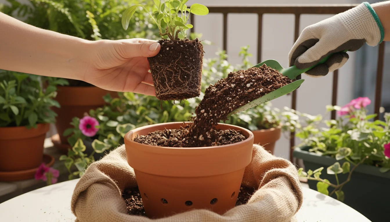 Person's hands repotting a leafy plant into a new terracotta pot with fresh soil on a bright balcony.