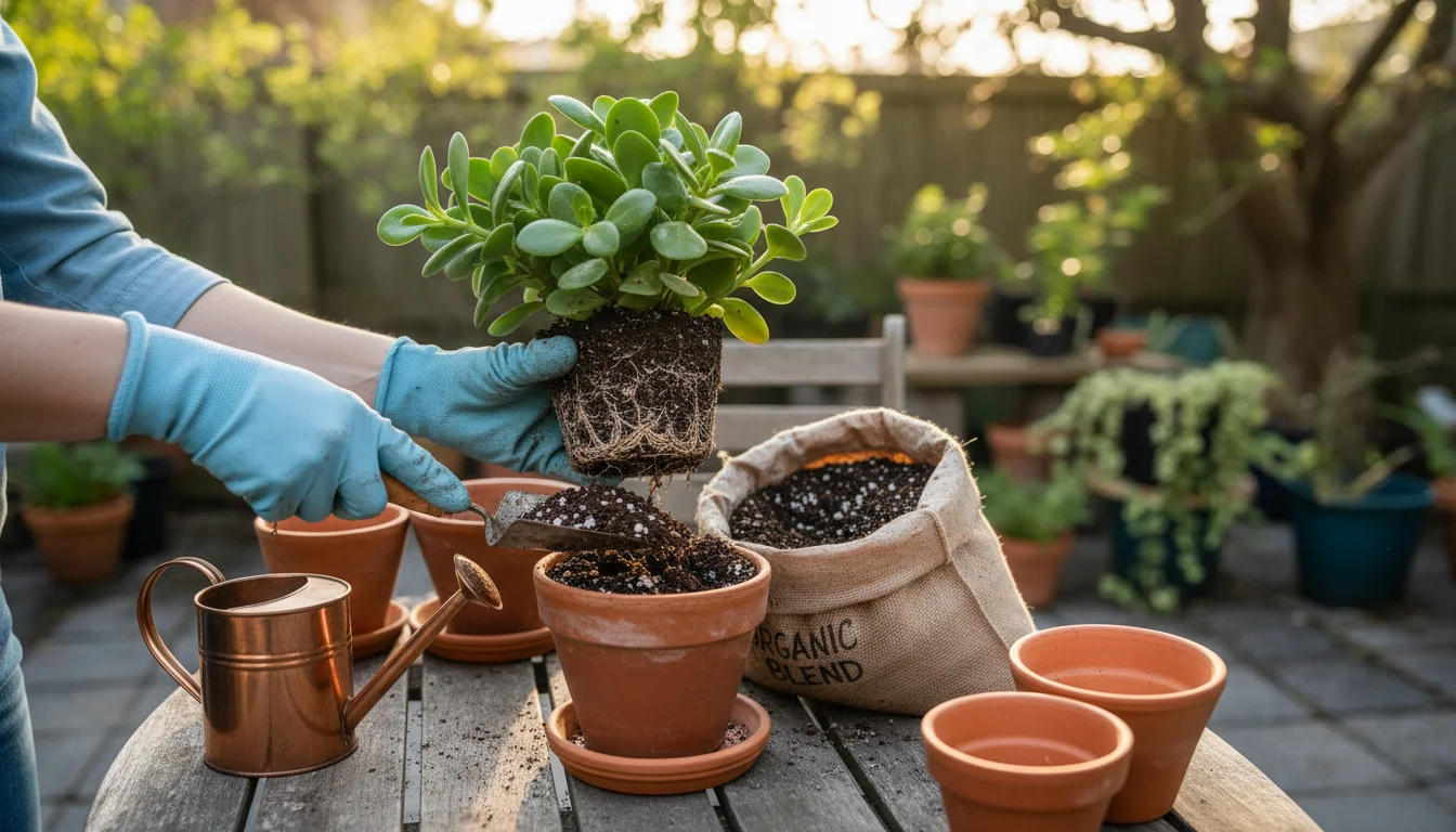 A person's hands repotting a small plant. One hand holds the plant's root ball with old soil, the other scoops fresh potting mix into a clean terracot