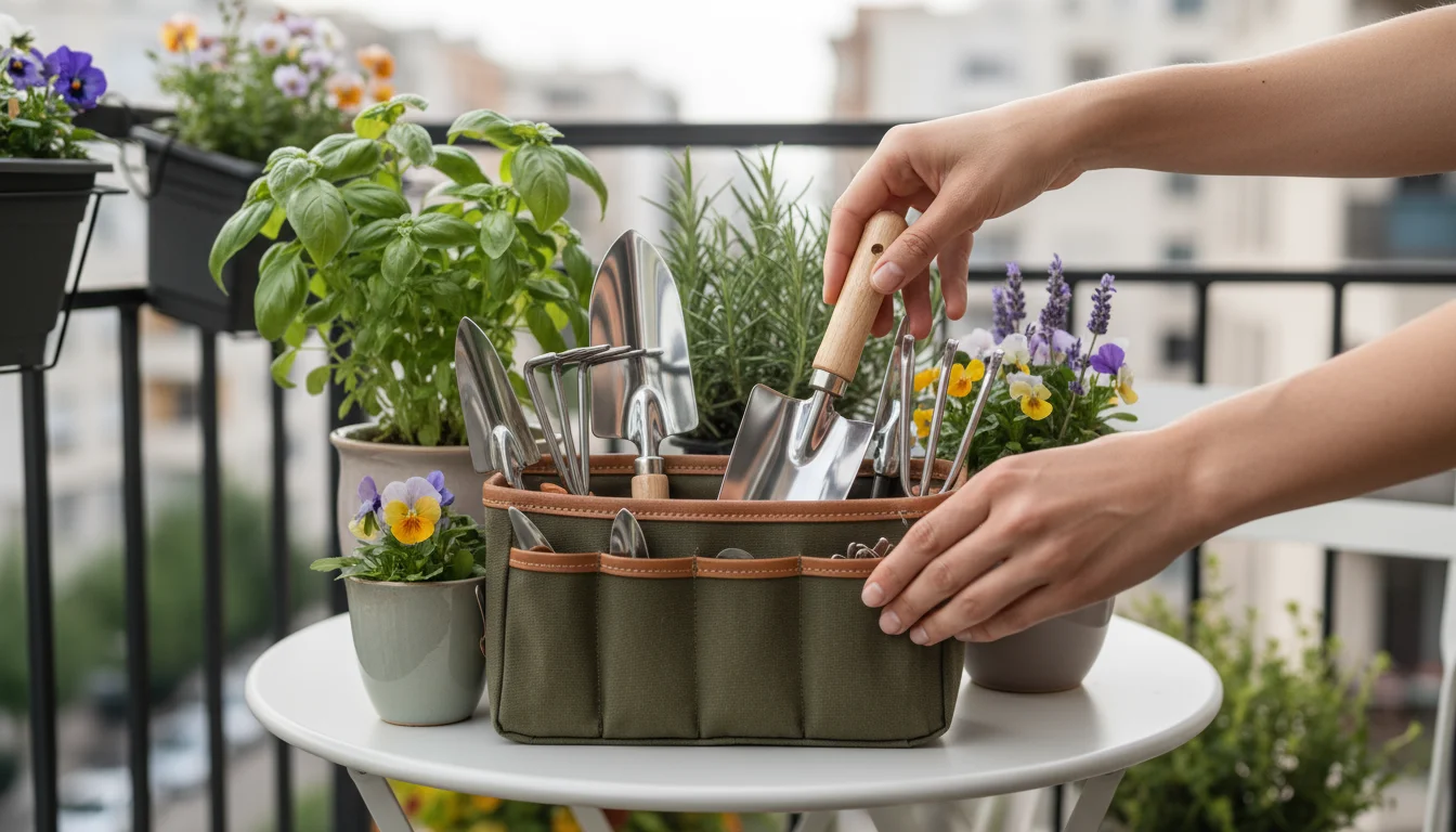 Person's hands returning a clean trowel to a neat gardening tool caddy on an apartment balcony with potted plants.