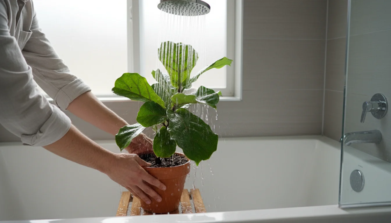 A person's hands gently rinse a medium Fiddle Leaf Fig plant in a bathtub using a showerhead.