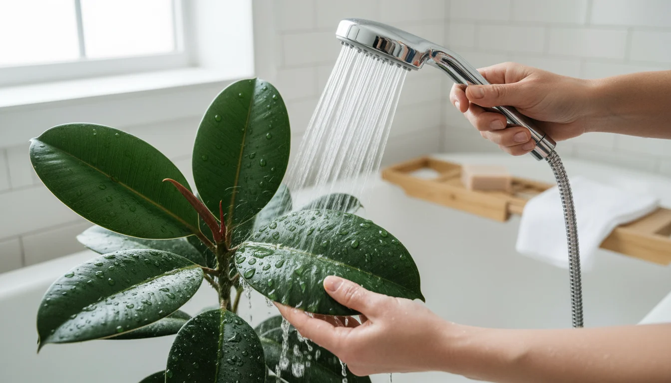 Person's hands gently rinse the large, glossy leaves of a Ficus elastica plant in a clean white bathtub under a showerhead.