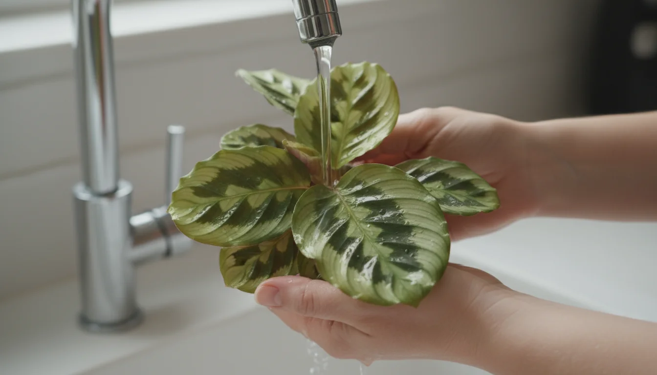 A person's hands gently rinse a patterned Calathea plant under running water at a modern kitchen sink, treating it for pests.