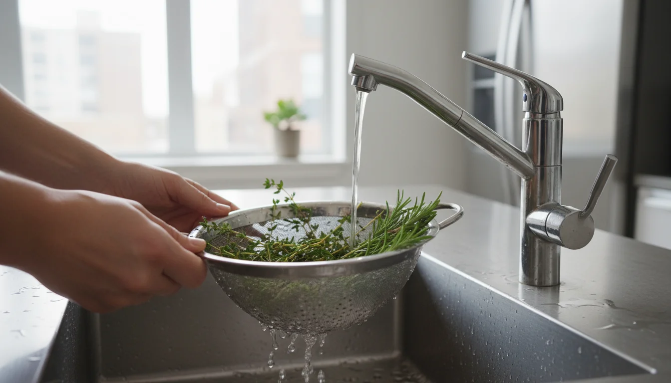 Person's hands gently rinse vibrant green thyme and rosemary sprigs under cool running water in a stainless steel colander within a modern kitchen sin