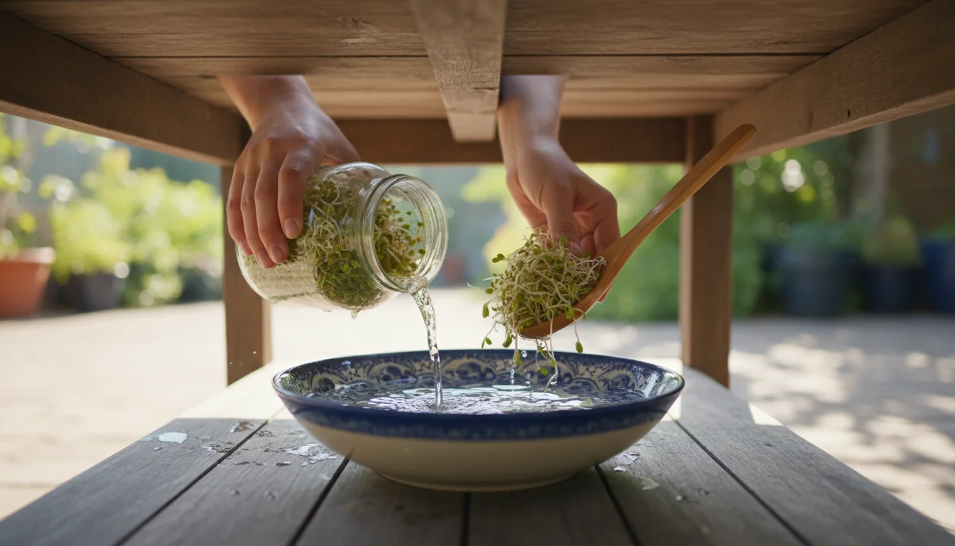 Person's hands rinsing green sprouts in a jar into a blue ceramic bowl, then watering a rosemary plant in a terracotta pot with the collected water on
