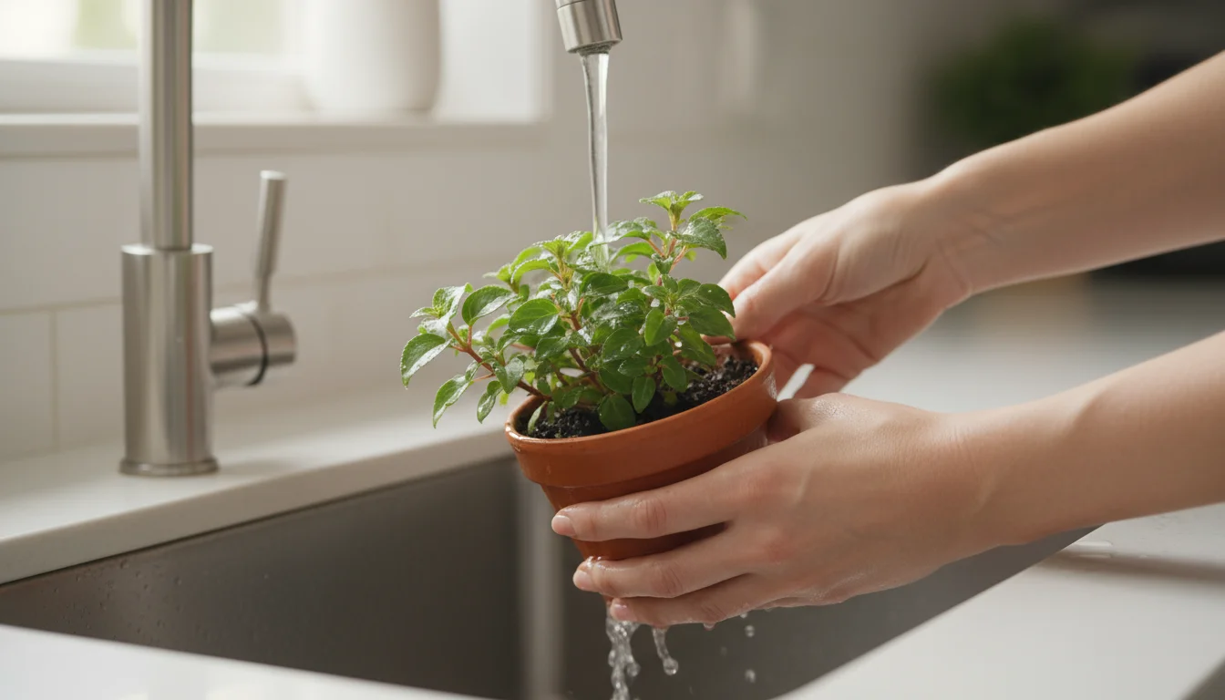 Person's hands gently rinsing a small potted plant in a bright kitchen sink under a faucet stream.