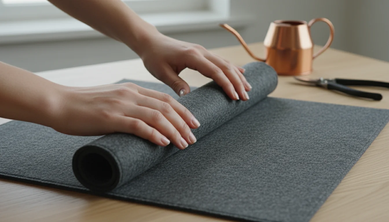 Person's hands gently rolling up a clean, dry dark grey plant care mat on a light surface, ready for storage.