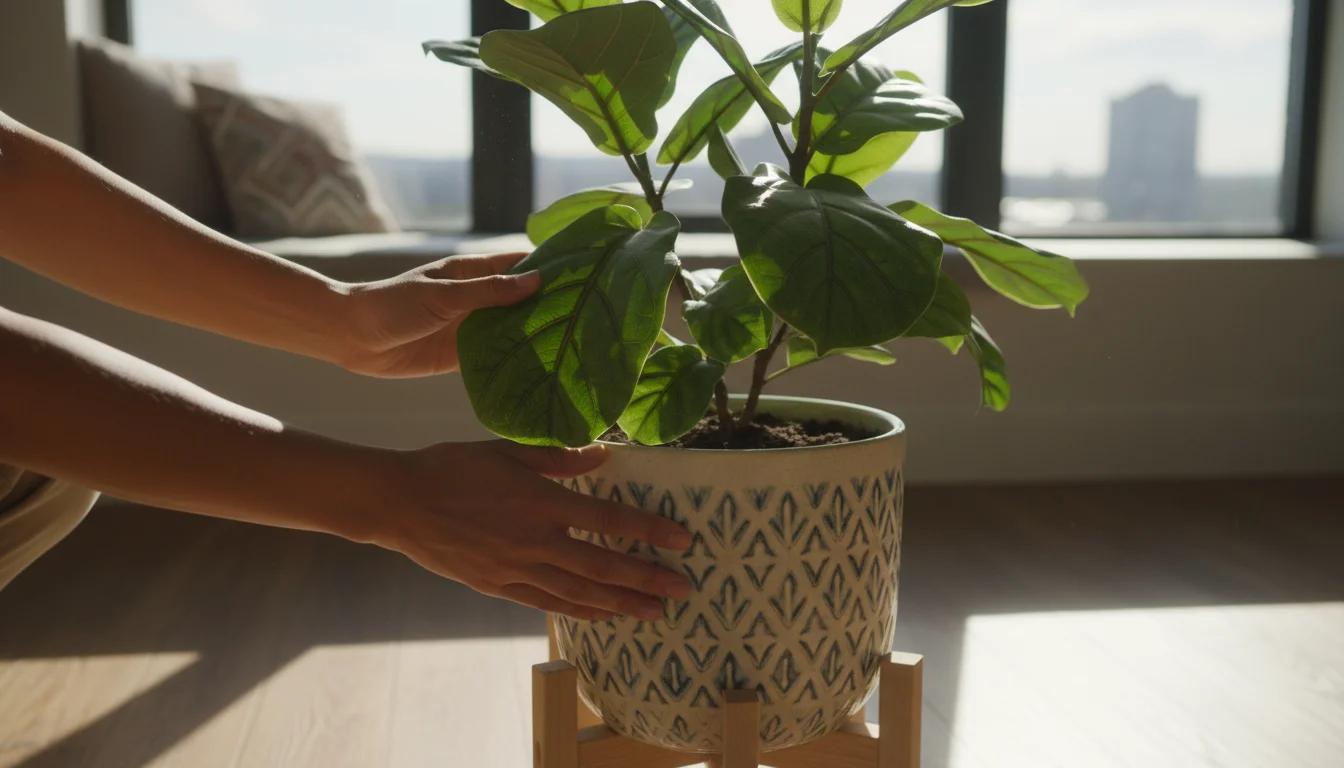 Person's hands gently rotating a potted fiddle-leaf fig tree by a bright window, inspecting leaves for routine care.