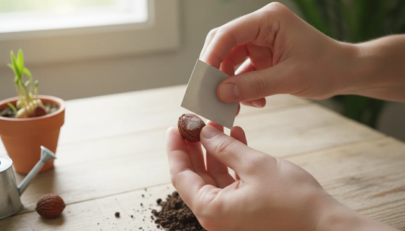 A person's hands gently rub an Areca Palm seed with sandpaper on a wooden table, preparing it for planting.