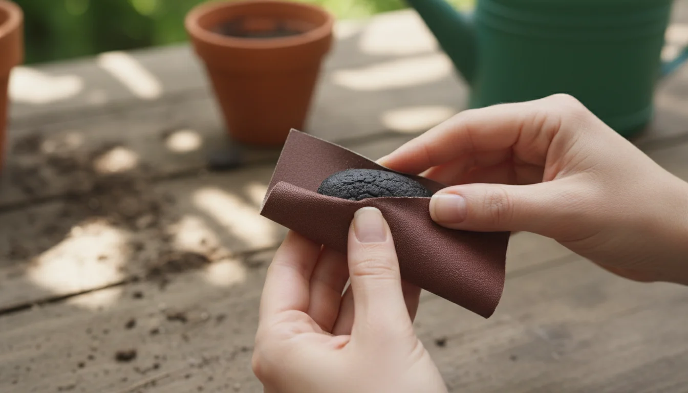 A person's hands gently rub a large houseplant seed with sandpaper, preparing it for germination on a light wooden table.