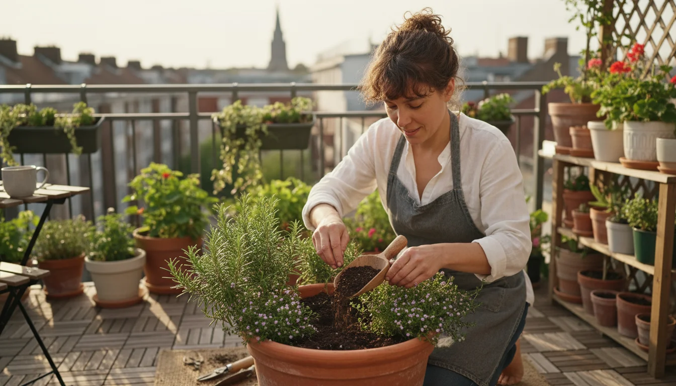 Close-up of a person's hands gently scattering dark compost onto a thriving rosemary plant in a terracotta pot on a sunny urban balcony.