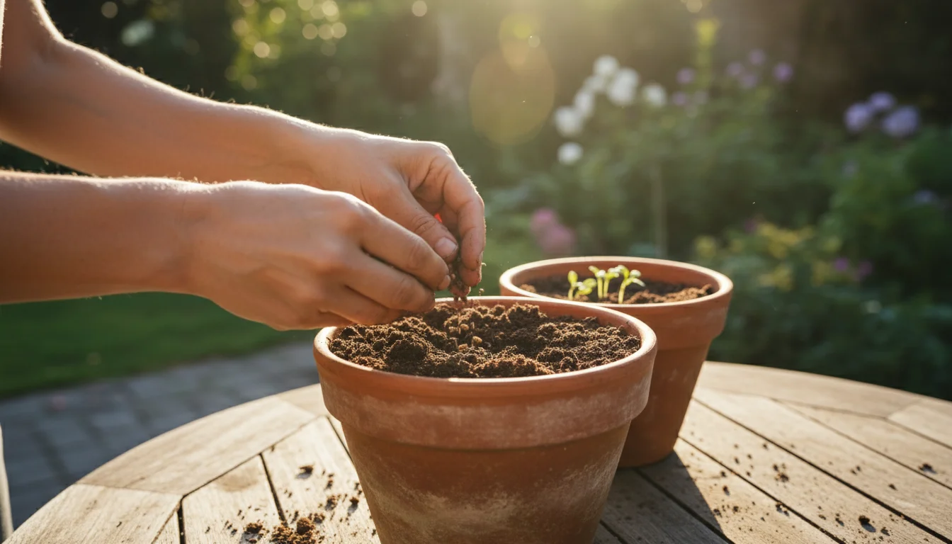 Person's hands gently scattering small cover crop seeds onto potting soil in a terracotta pot on a wooden patio table, lit by soft autumn light.