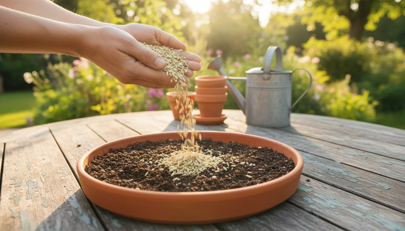 A person's hands gently scattering small, light-colored cover crop seeds over dark soil in a terracotta pot on a sunny patio table.