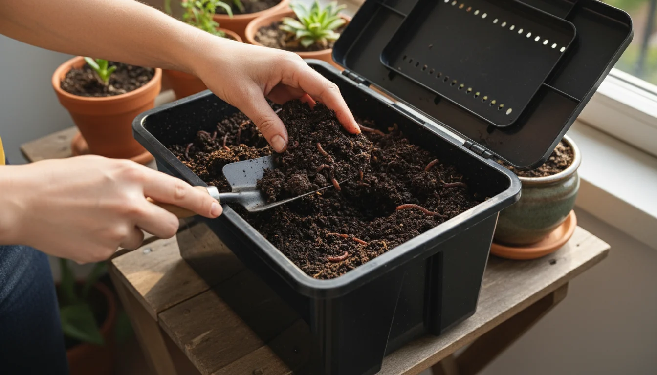 A person's hands scoop dark, rich worm castings from a compact indoor worm bin, with potted plants on a wooden surface.