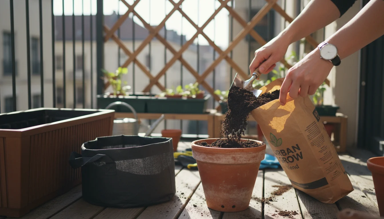 A person's hands scooping dark potting mix into a terracotta pot on a balcony, with other empty containers nearby.