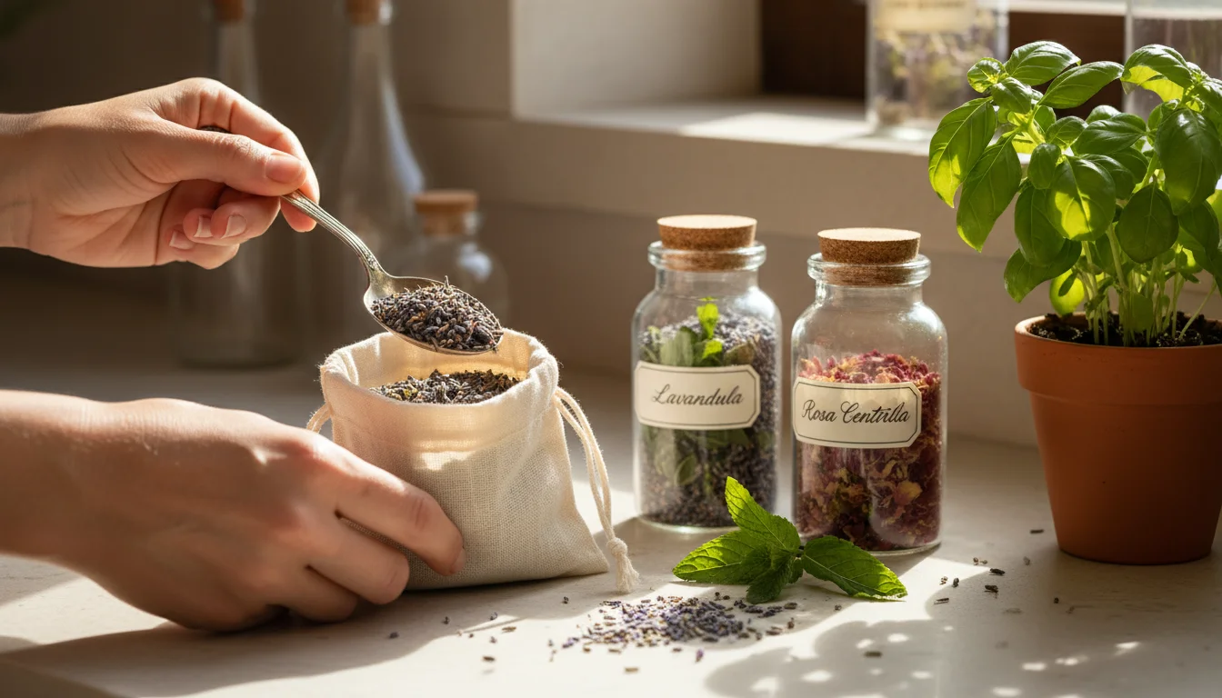 Person's hands scooping dried lavender and mint into a muslin bag on a counter, with herb jars and a potted plant nearby.