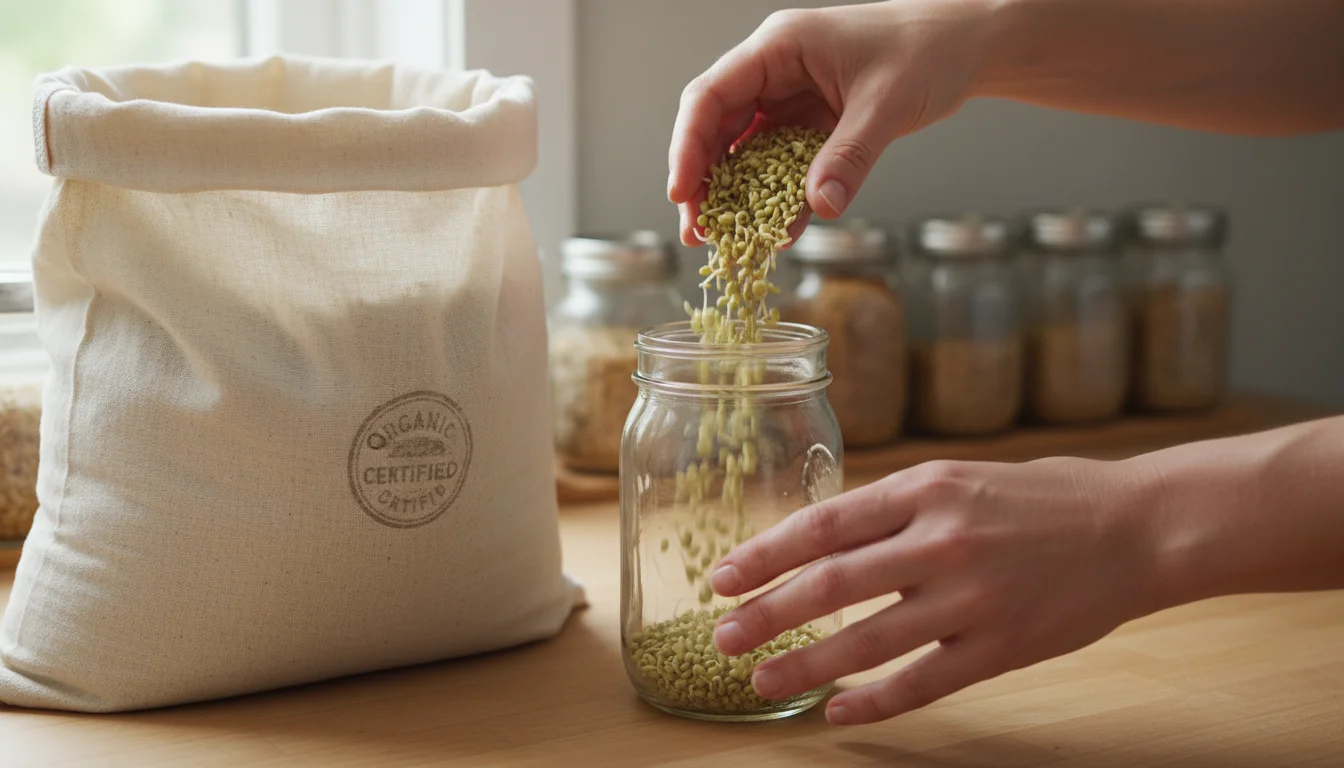 Person's hands scooping organic alfalfa seeds from a bulk cotton bag into a clear glass jar on a wooden counter, with other seed jars in background.