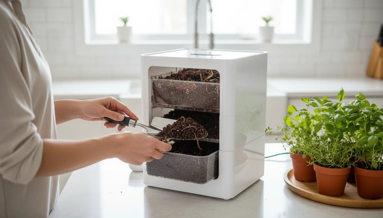 Person's hands gently scooping rich, dark worm castings with a few red wigglers from an indoor vermicompost bin on a kitchen counter.