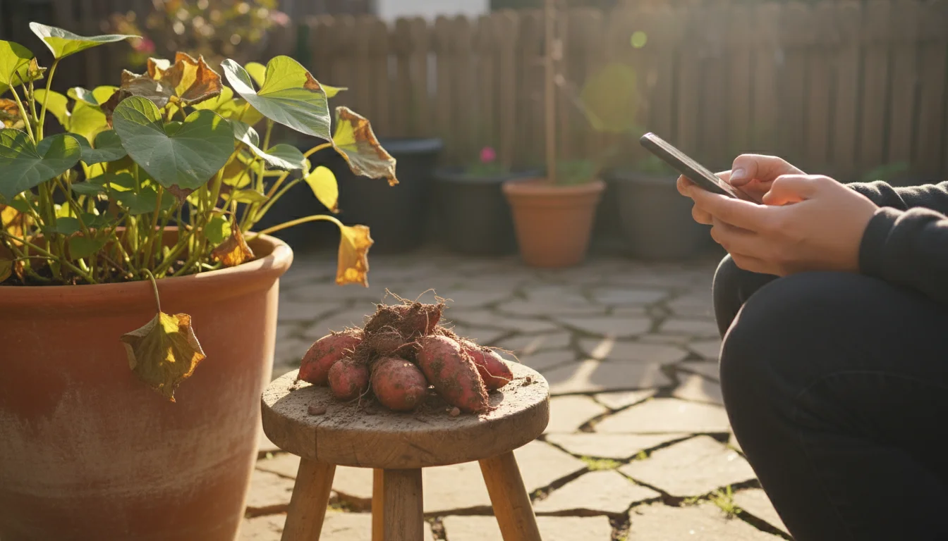 Person's hands scrolling a phone on a patio, next to a large pot with sweet potato vines and freshly dug sweet potatoes on a stool.
