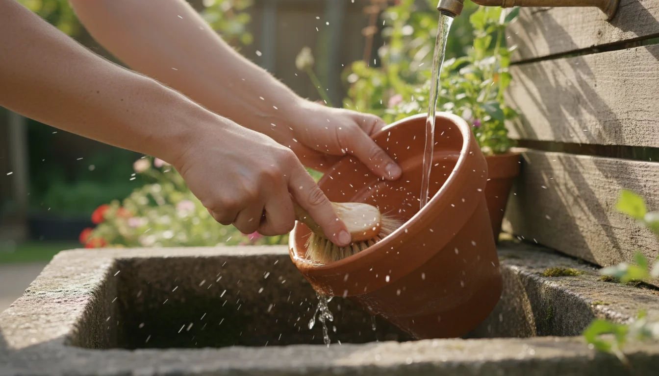 Person's hands scrubbing a terracotta pot clean in an outdoor basin with water.