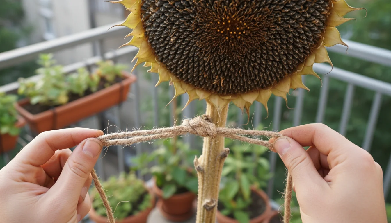 A person's hands secure natural twine around the stem of a dried sunflower head, rich with visible seeds, in a softly blurred balcony garden setting.
