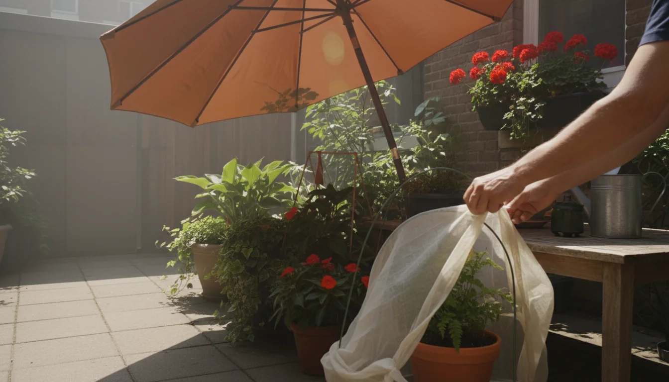 A person's hands secure shade cloth over a delicate potted plant on a hot patio, with other container plants grouped under an umbrella.