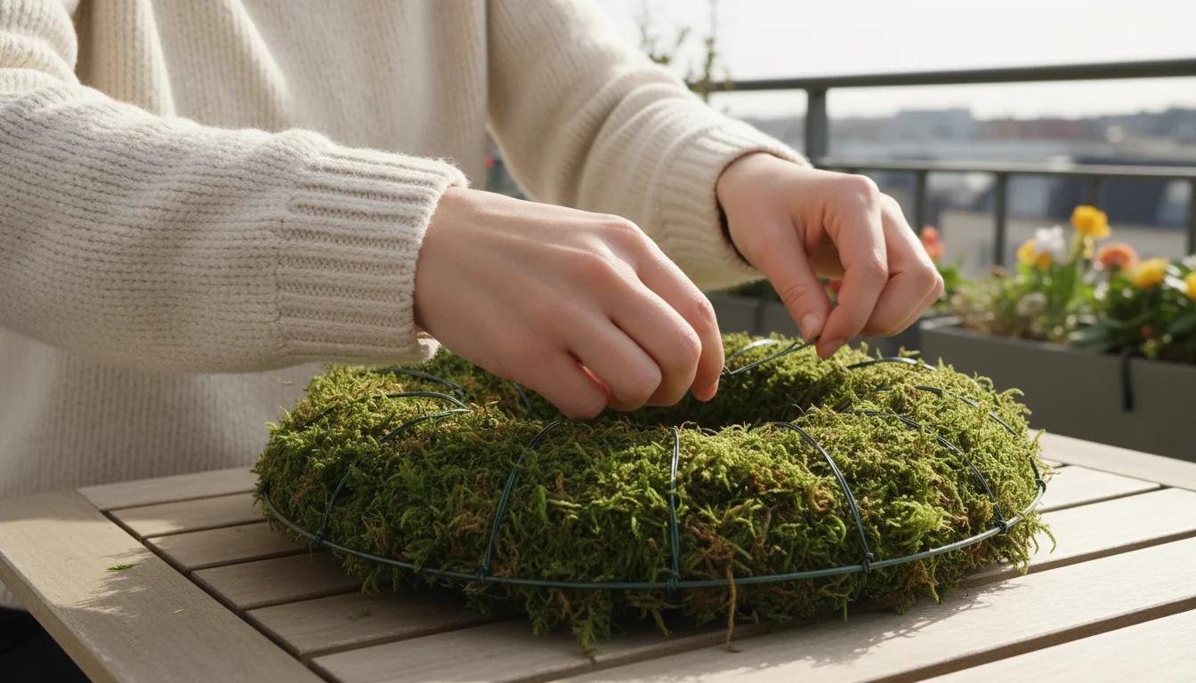 Person's hands secure vibrant green sphagnum moss onto a circular wire wreath frame with thin floral wire on a balcony table.