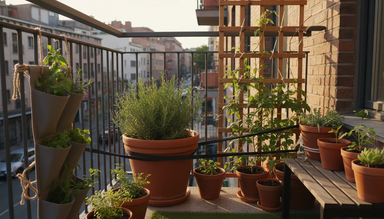 Person's hands securing a large terracotta pot to a modern metal balcony railing with a bungee cord, other container plants visible.
