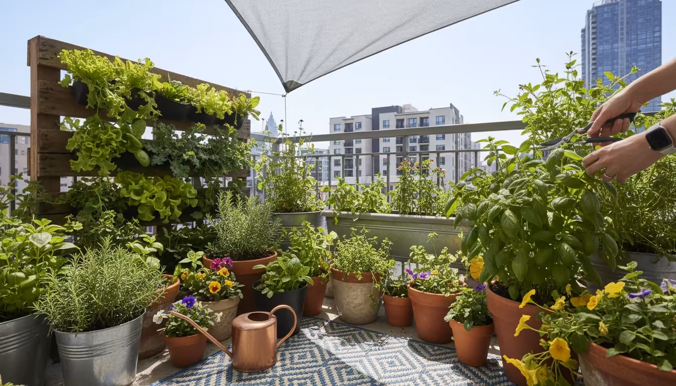 Person's hands securing light grey temporary shade cloth on a sunny urban balcony, creating a cool zone for container plants below.
