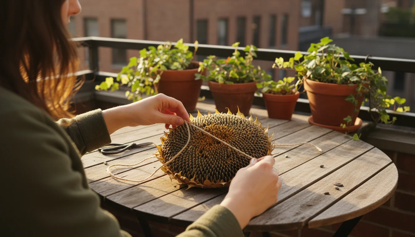 A person's hands securing natural twine to a dried sunflower head on a small balcony table, with container plants blurred in background.