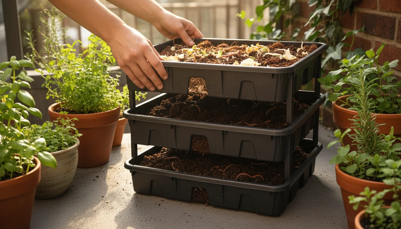 Person's hands gently separate stacked worm bin trays on a patio, revealing the bottom tray filled with rich, dark worm castings. A few worms are visi