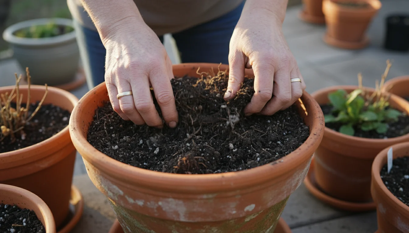 A person's hands gently sifting tired, compacted potting mix in a weathered terracotta pot on a sunlit patio, signifying the need for spring renewal.