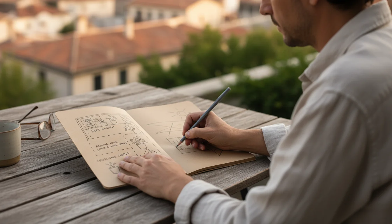Person's hands sketching a compact urban balcony layout with zones and container ideas on kraft paper at a wooden patio table.