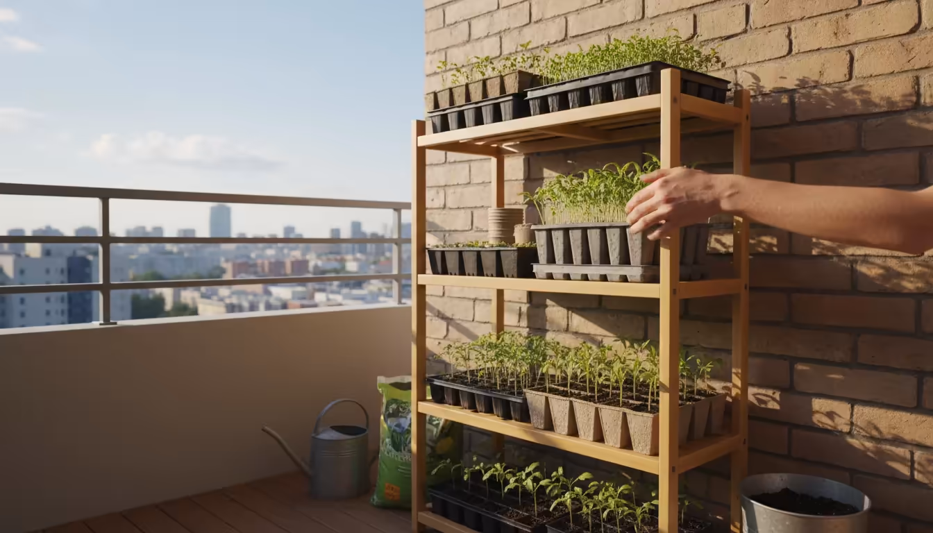 A person's hands gently slide a modular seedling tray from a three-tiered bamboo shelf on a sunlit apartment balcony, highlighting vertical, small-spa