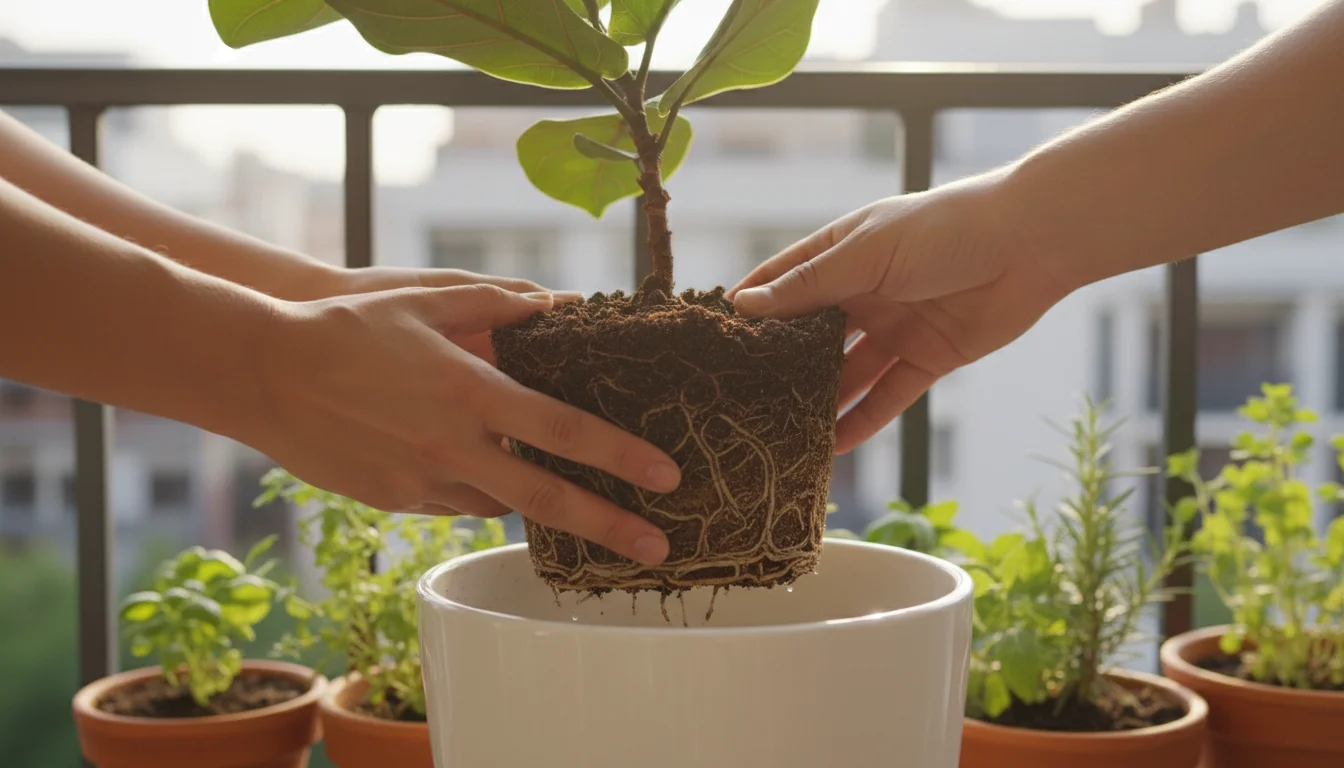 A person's hands gently slide a plant with an emerging root ball from a white pot on an urban balcony.